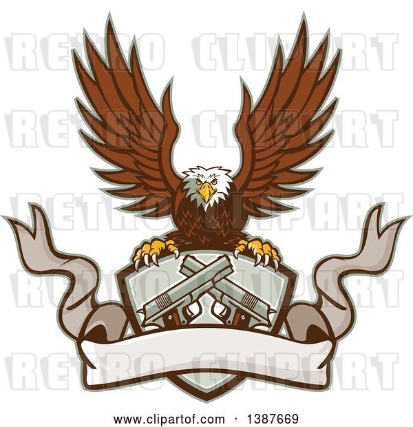 Vector Clip Art of Retro Bald Eagle Flying with a Shield of Crossed 1911 Pistols and a Blank Ribbon Banner