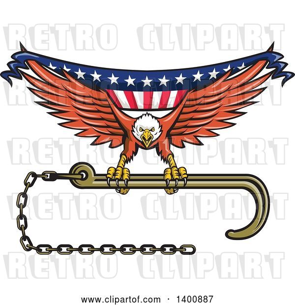 Vector Clip Art of Retro Bald Eagle Flying with a Towing J Hook and American Flag Banner