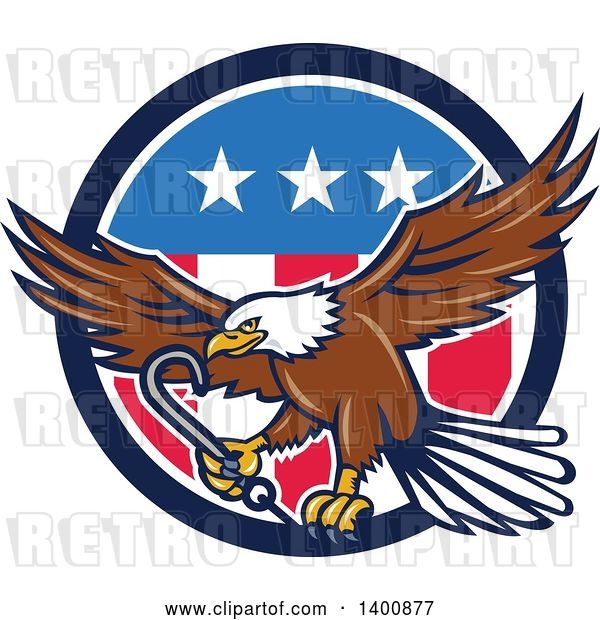 Vector Clip Art of Retro Bald Eagle Flying with a Towing J Hook over an American Circle