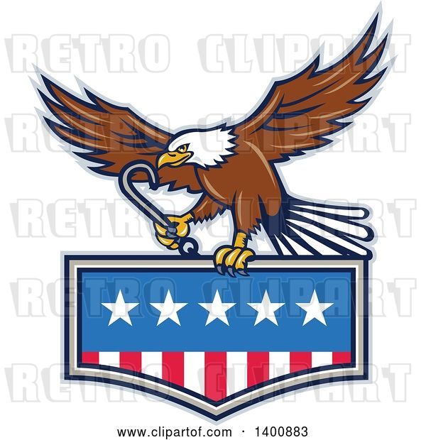 Vector Clip Art of Retro Bald Eagle Flying with a Towing J Hook over an American Flag