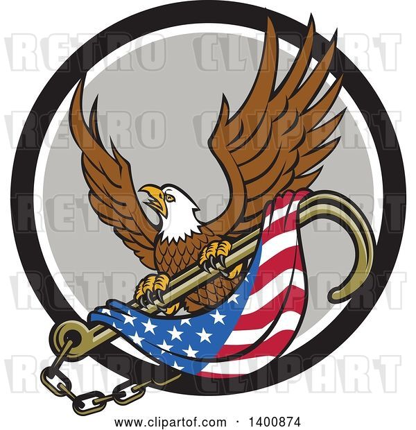Vector Clip Art of Retro Bald Eagle Flying with an American Flag and Towing J Hook in a Black White and Gray Circle