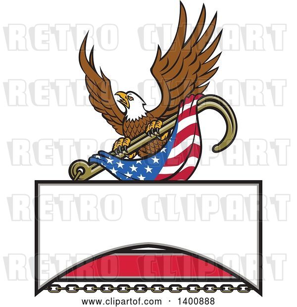 Vector Clip Art of Retro Bald Eagle Flying with an American Flag and Towing J Hook over a Sign