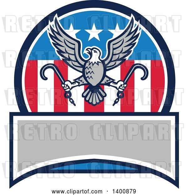 Vector Clip Art of Retro Bald Eagle Flying with Towing J Hooks over an American Circle with a Blank Banner