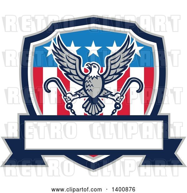 Vector Clip Art of Retro Bald Eagle Flying with Towing J Hooks over an American Shield with a Blank Banner