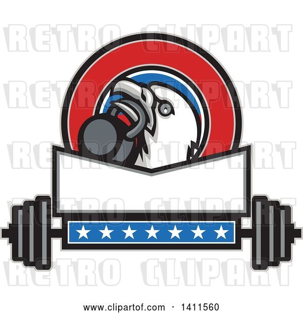 Vector Clip Art of Retro Bald Eagle Head Holding a Kettlebell in His Beak in a Patriotic Design Above a Barbell