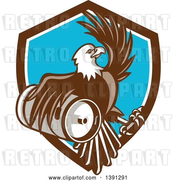 Vector Clip Art of Retro Bald Eagle Holding a Beer Keg and Emerging from a Shield
