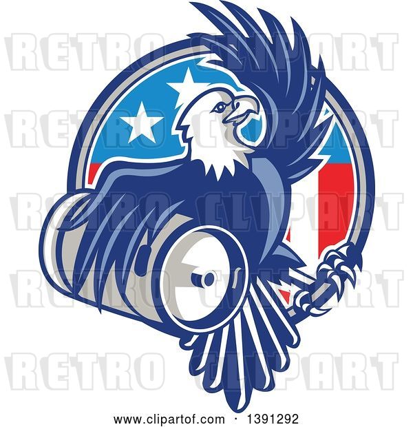 Vector Clip Art of Retro Bald Eagle Holding a Beer Keg and Emerging from an American Circle