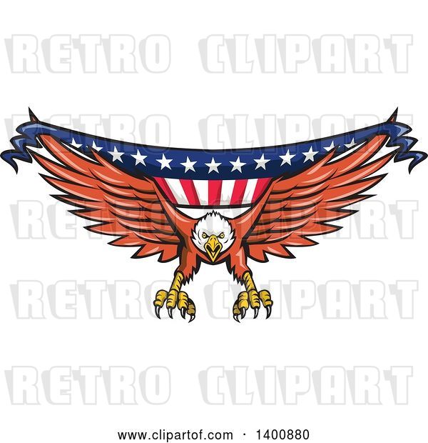 Vector Clip Art of Retro Bald Eagle Swooping with an American Flag Banner