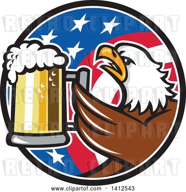 Vector Clip Art of Retro Bald Eagle Toasting with Beer in an American Flag Circle