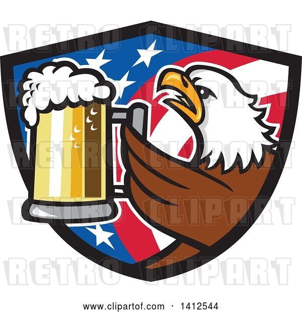 Vector Clip Art of Retro Bald Eagle Toasting with Beer in an American Flag Shield