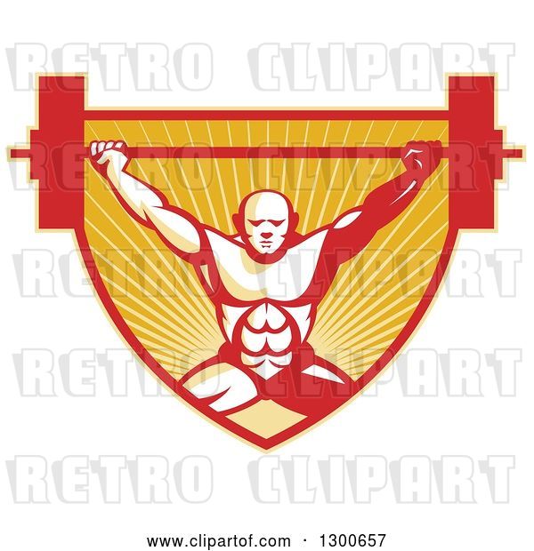 Vector Clip Art of Retro Bald Male Bodybuilder Squatting and Lifting a Barbell over a Red and Orange Shield of Rays