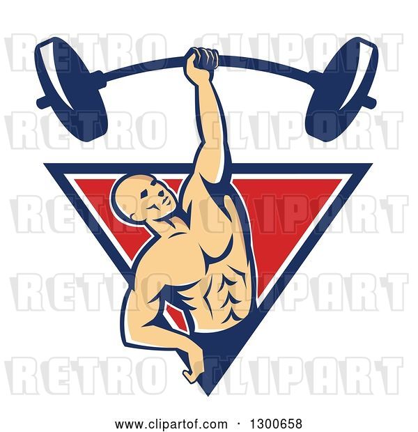Vector Clip Art of Retro Bald White Male Bodybuilder Lifting a Barbell One Handed and Emerging from a Blue White and Red Triangle