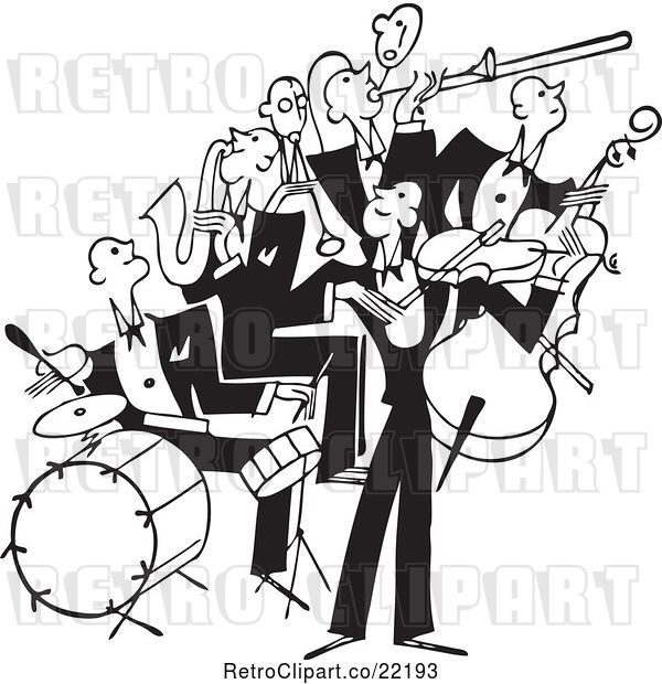 Vector Clip Art of Retro Band of Bass, Drum, Sax and Violin Players