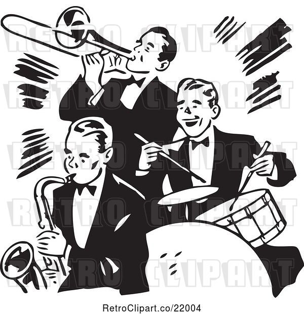 Vector Clip Art of Retro Band of Three Gentlemen Playing a Trumpet, Saxophone and Drums