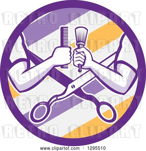 Vector Clip Art of Retro Barber Arms Holding a Brush and Comb over Scissors in a Purple White and Yellow Barber Pole Circle