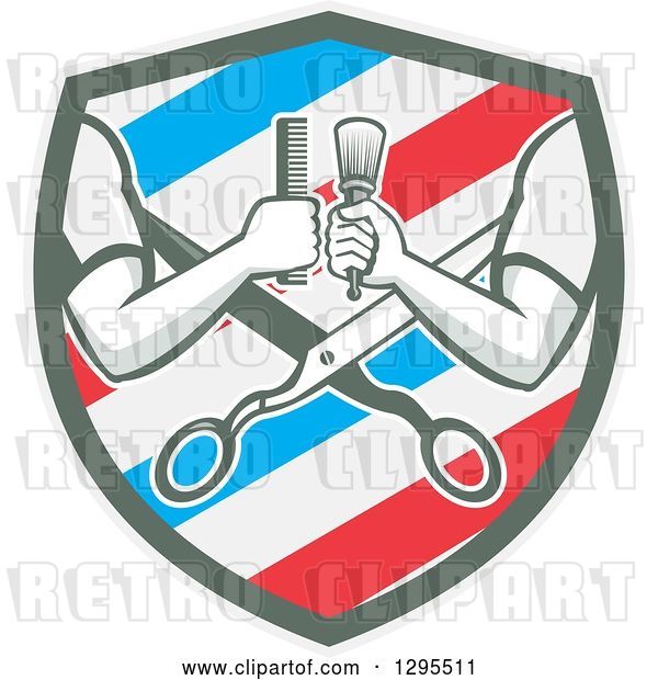 Vector Clip Art of Retro Barber Arms Holding a Brush and Comb over Scissors in a White Blue and Red Barber Pole Shield