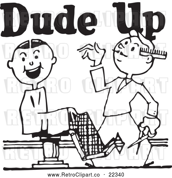 Vector Clip Art of Retro Barber with a Client and Dude up Text