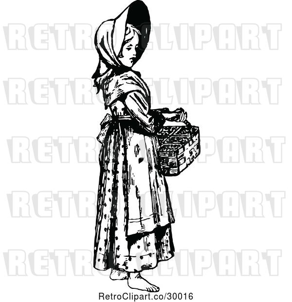 Vector Clip Art of Retro Barefoot Girl Carrying a Picnic Basket