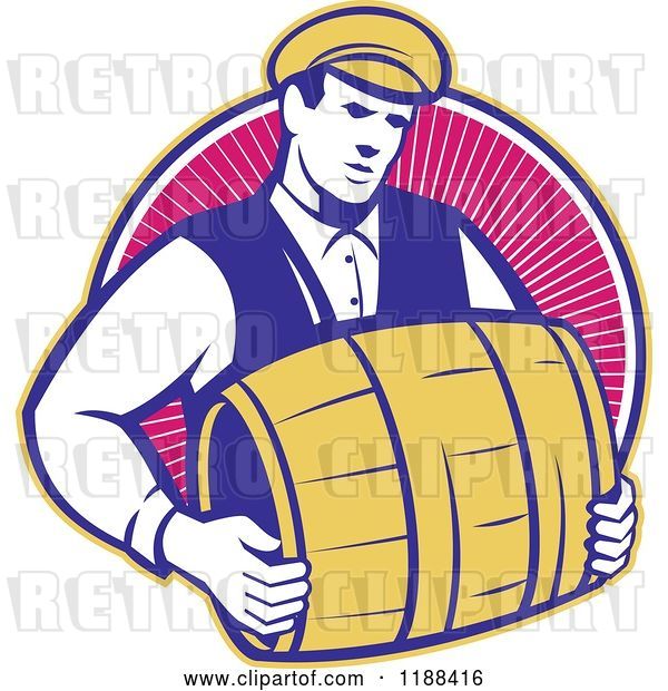 Vector Clip Art of Retro Bartender Carrying a Beer Keg Barrel over Rays