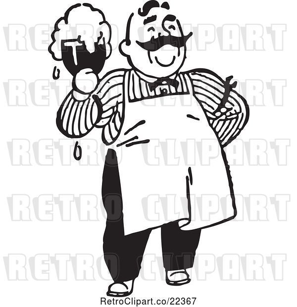 Vector Clip Art of Retro Bartender Holding a Frothy Beer