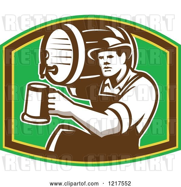 Vector Clip Art of Retro Bartender Holding a Keg on His Shoulder and Pouring a Beer over Green