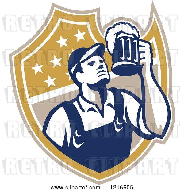 Vector Clip Art of Retro Bartender Holding up a Beer Mug over a Shield