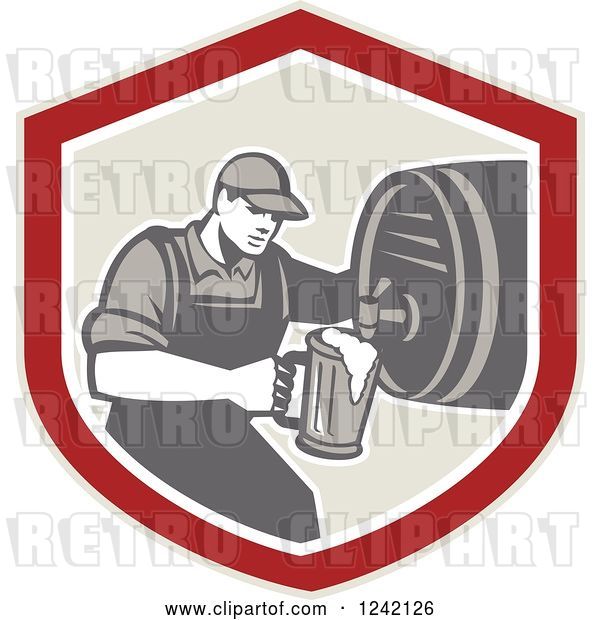 Vector Clip Art of Retro Bartender Pouring a Beer from a Keg in a Shield