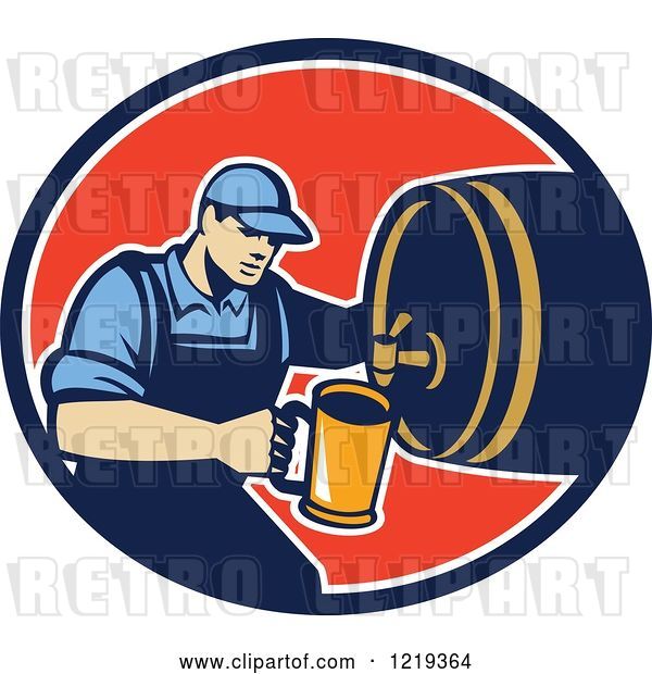 Vector Clip Art of Retro Bartender Pouring a Beer from a Keg in an Oval