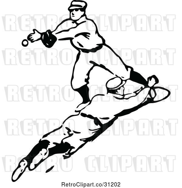 Vector Clip Art of Retro Baseball Baseman Reaching to Catch the Ball