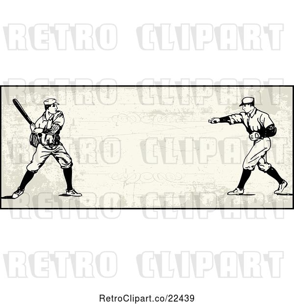 Vector Clip Art of Retro Baseball Batter and Pitcher Banner over Tan with Copyspace