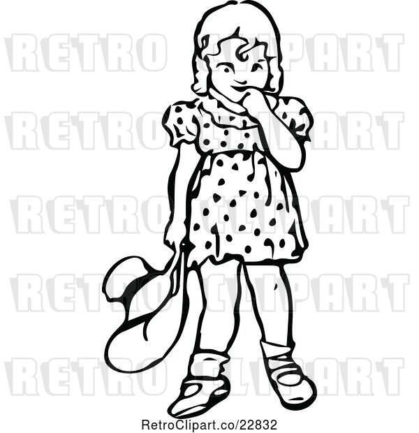 Vector Clip Art of Retro Bashful Girl Holding a Hat and Looking down