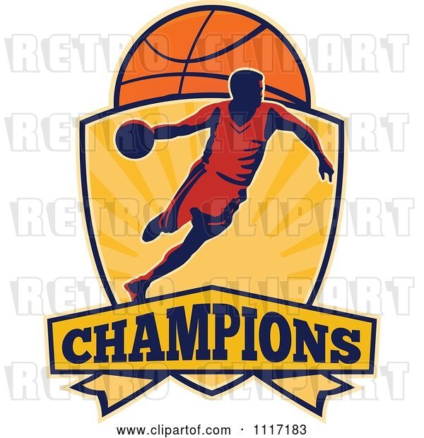 Vector Clip Art of Retro Basketball Player Athlete Dribbling on a Shield with CHAMPIONS Text