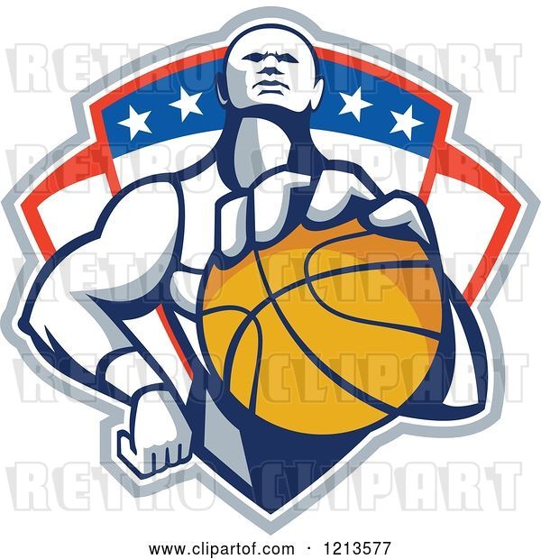 Vector Clip Art of Retro Basketball Player Holding a Ball over a Patriotic Shield