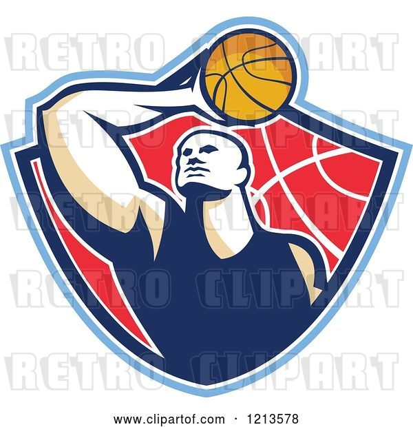 Vector Clip Art of Retro Basketball Player Holding a Ball over His Head in a Shield