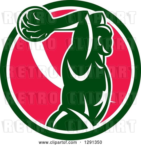Vector Clip Art of Retro Basketball Player Jumping for a Slam Dunk over a Green White and Pink Circle