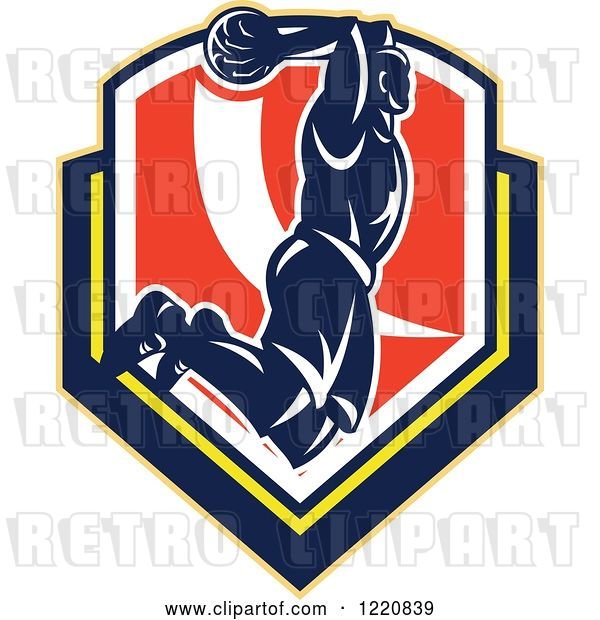 Vector Clip Art of Retro Basketball Player Jumping for a Slam Dunk over a Shield