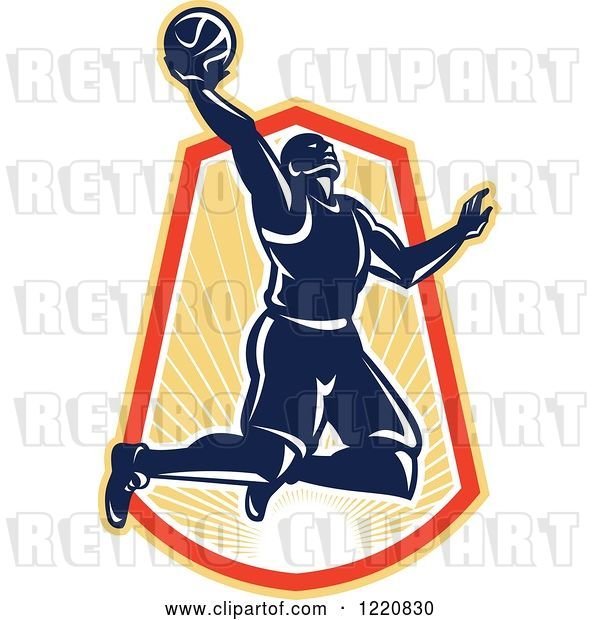 Vector Clip Art of Retro Basketball Player Jumping for a Slam Dunk over a Sunny Crest