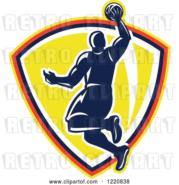 Vector Clip Art of Retro Basketball Player Jumping for a Slam Dunk over a Yellow Shield