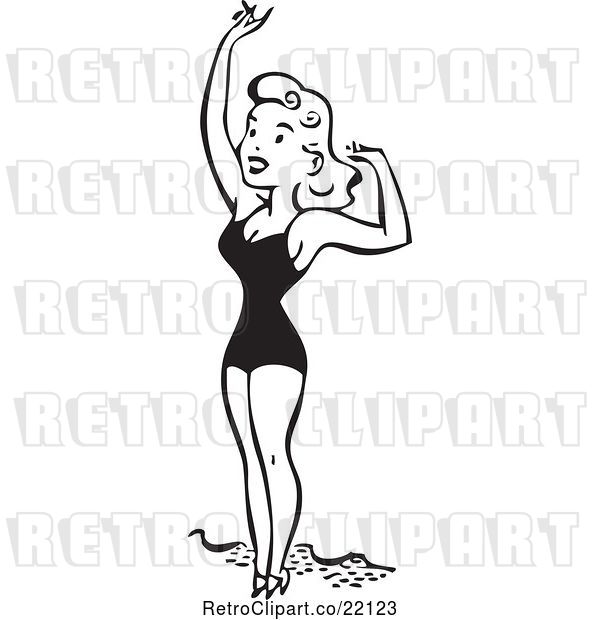 Vector Clip Art of Retro Bathing Beauty Smiling and Waving