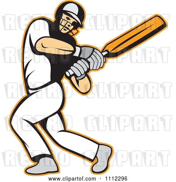 Vector Clip Art of Retro Batsman Swinging a Cricket Bat