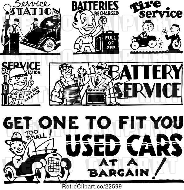 Vector Clip Art of Retro Battery and Autmotive Signs