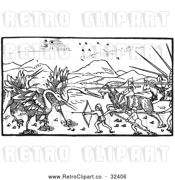 Vector Clip Art of Retro Battle Between Cranes and Pygmies 1