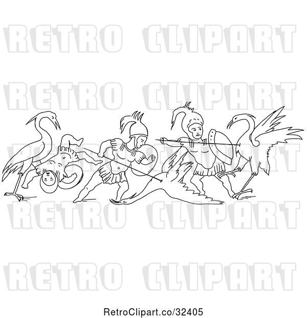Vector Clip Art of Retro Battle Between Cranes and Pygmies 2