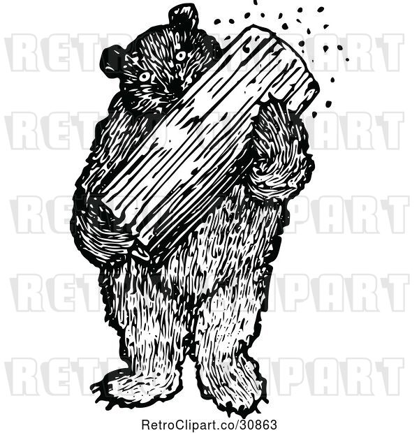 Vector Clip Art of Retro Bear Eating Honey from a Log