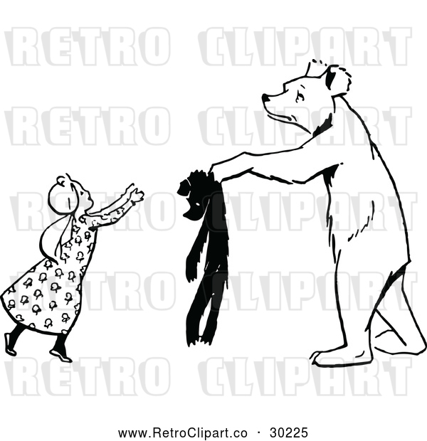 Vector Clip Art of Retro Bear Handing a Girl a Teddy