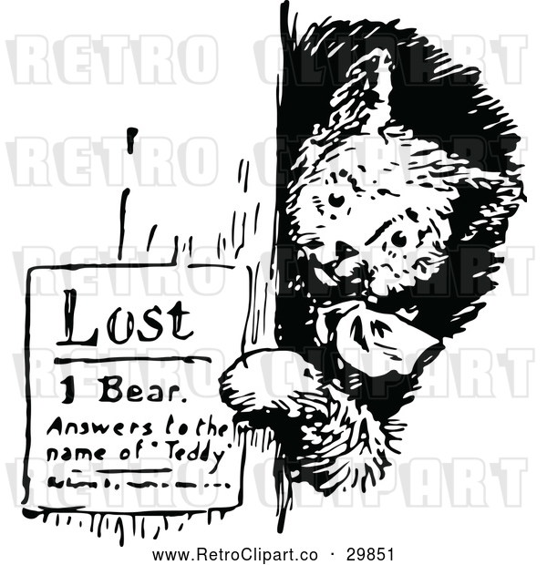 Vector Clip Art of Retro Bear Posting a Lost Sign