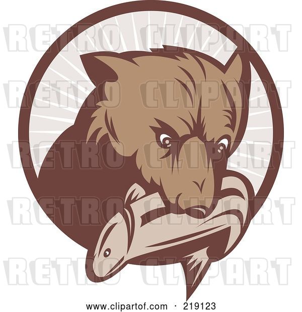 Vector Clip Art of Retro Bear with a Fish in His Mouth over a Brown Circle