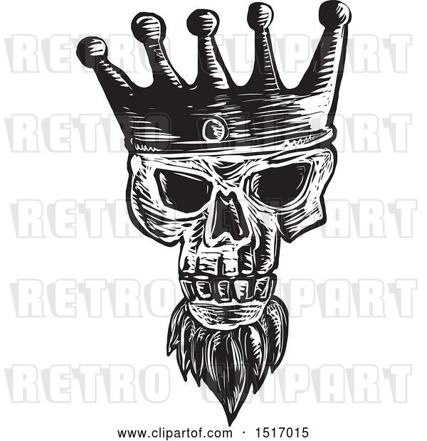 Vector Clip Art of Retro Bearded Skull Wearing a Kings Crown, in Woodcut