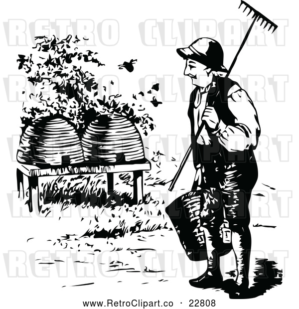 Vector Clip Art of Retro Beekeeper Approaching Hives