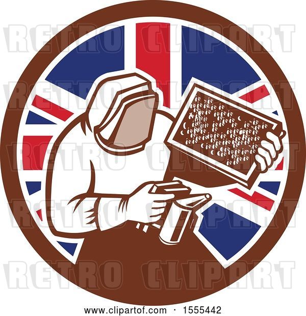 Vector Clip Art of Retro Beekeeper Smoking out a Hive in a Union Jack Flag Circle